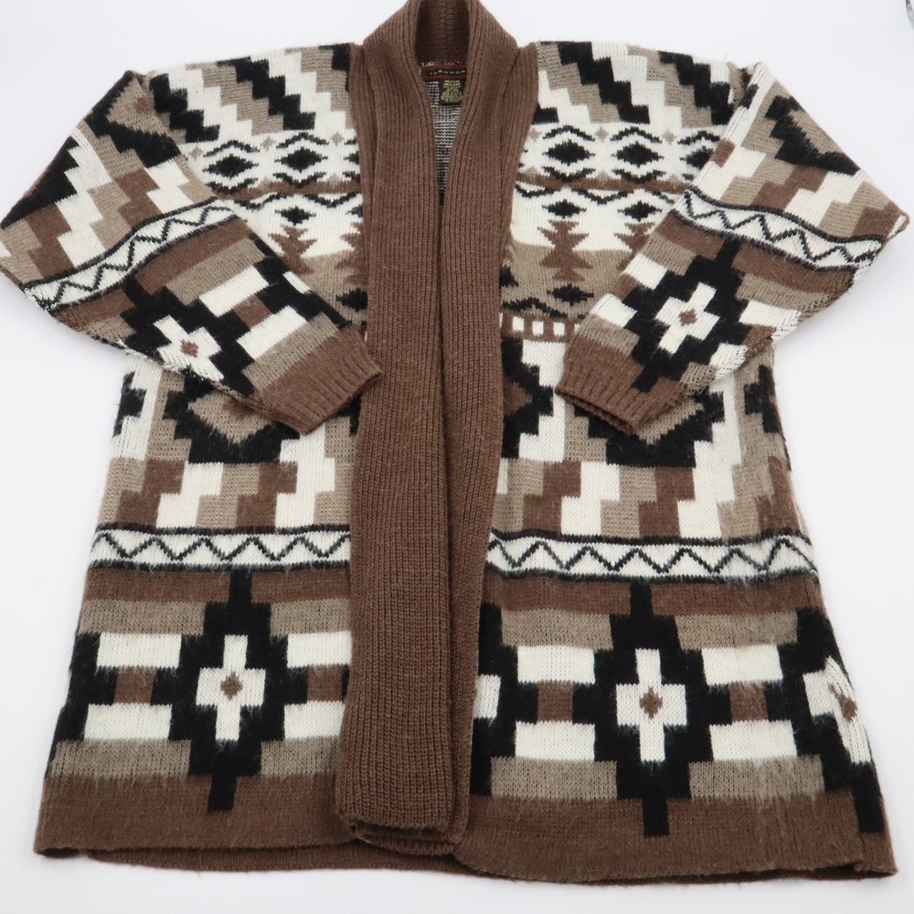 Yarnworks Cardigan Sweater Womens Medium Brown Southwestern Geometric Shawl Open